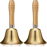 2 Pieces Solid Brass Hand Call Bells with Wooden Handbells Handle for Ringing Loud Hand Held Service Brass Call Elderly Wedding Animal Training Bell(3.15 x 3.15 x 5.9 Inch)