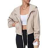 Simlakey Women Cropped Bomber Jacket Lightweight Casual Zip Up Coat Long Sleeve Hooded Short Outerwear Loose Fit with Pockets