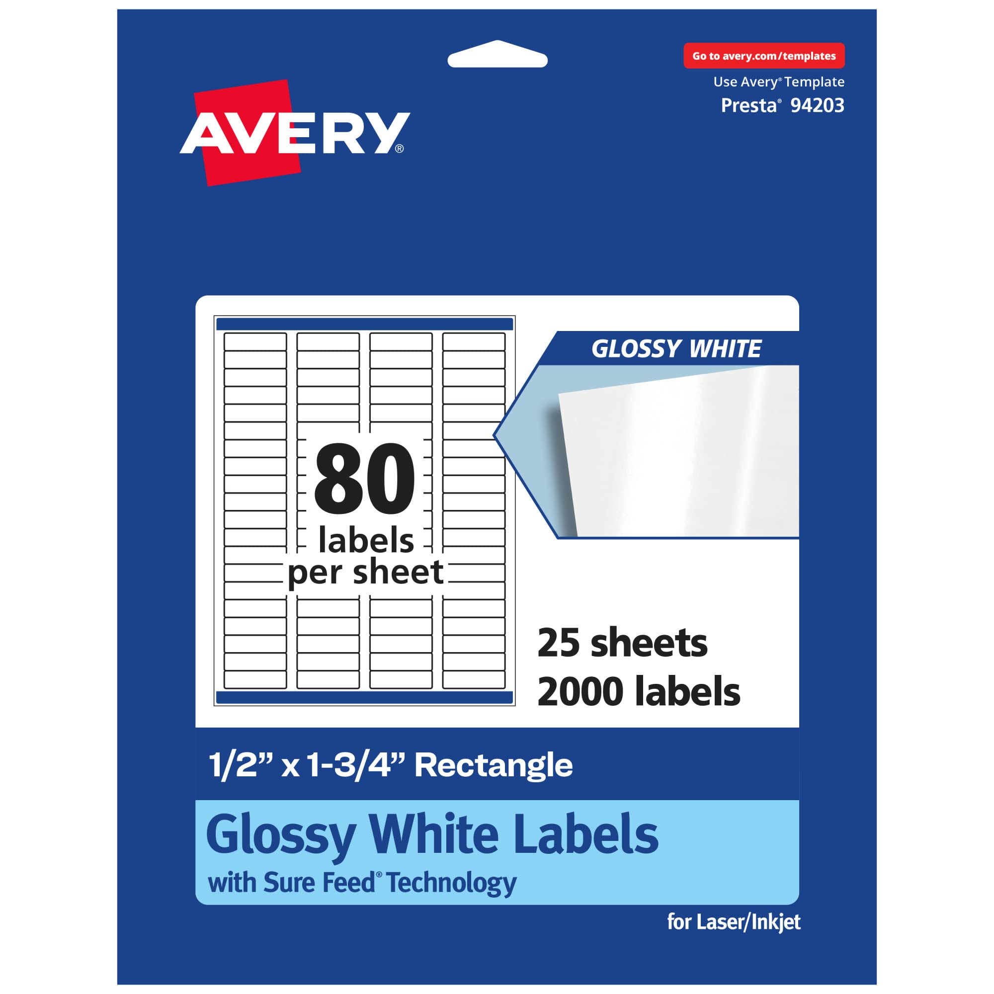 Avery Rectangle Labels, Sure Feed Technology, 0.5″ x 1.75″, 2,000 Glossy White Labels (36447)
