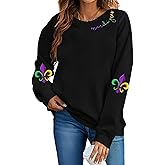 Earneo Mardi Gras Sweatshirts for Women Mardi Gras Graphic Long Sleeve Shirt Fat Tuesday Crewneck Pullover Top