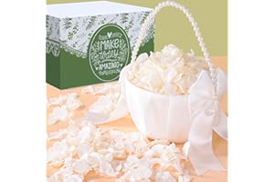 ESLIBIN Flower Girl Basket White Real Dried Flower Petals Set - 1.06oz Ivory Natural Dried Hydrangea Flower Petals, White Pearl Handle Basket for Wedding