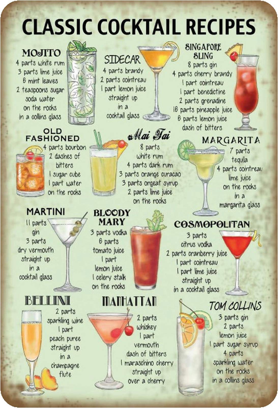 Schatzmix Tin Sign Cocktail Classic Recipe Green Metal Sign Wall Decoration 20 x 30 cm Tin Sign