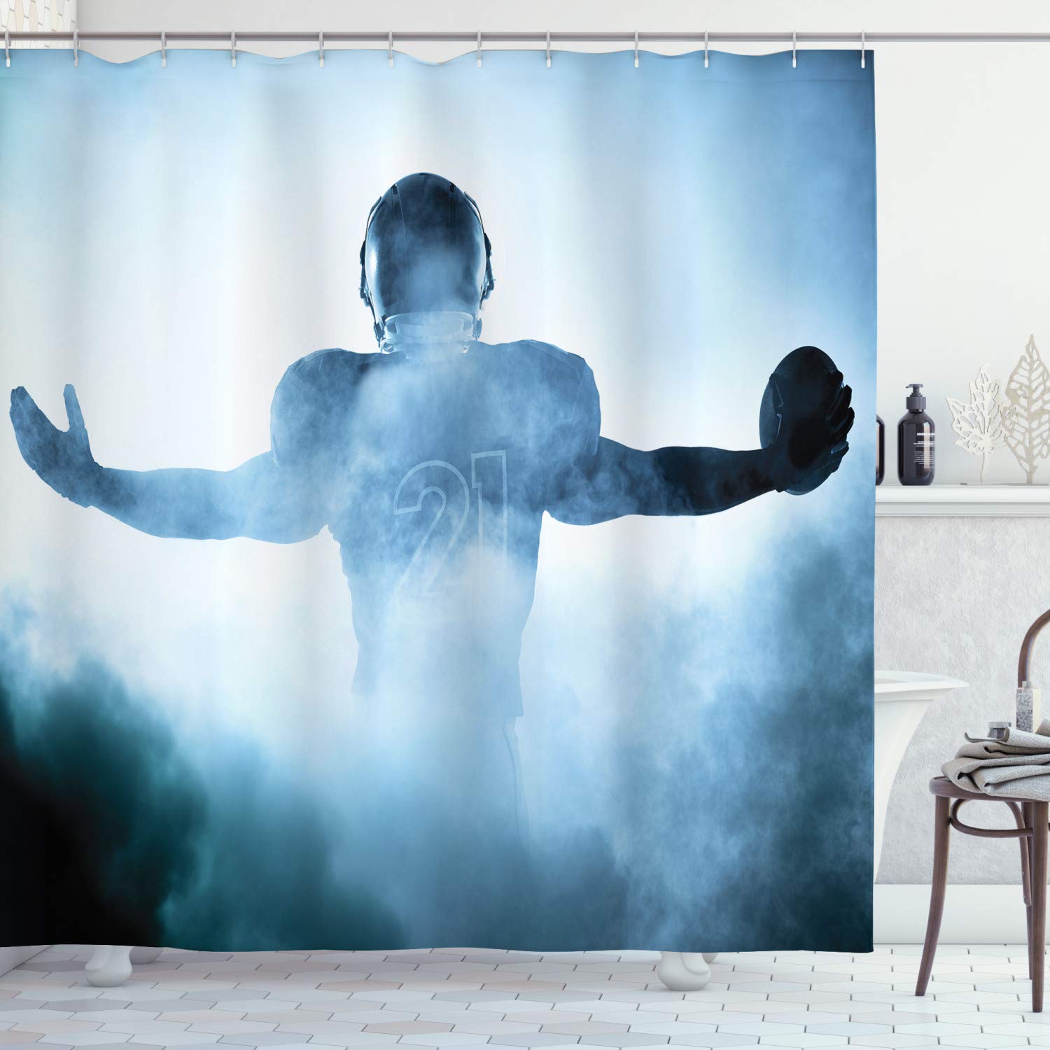 ABAKUHAUS Sport Shower Curtain, Heroic Shaped Rugby Player Silhouette Shadow Standing in Fog Playground Global Sports Photo, Cloth Fabric Bathroom Decor Set with Hooks, 70 Inches, Blue