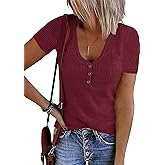 MEROKEETY Women's 2026 Summer Short Sleeve Tops Casual V Neck T Shirts Ribbed Knit Henley Button Basic Blouse