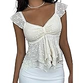 BAIGRAM Women Y2K Ruffle Flowy Peplum Babydoll Crop Tank Cute Sheer Floral Lace Sweetheart Neck Tops Tiered Going Out Shirt
