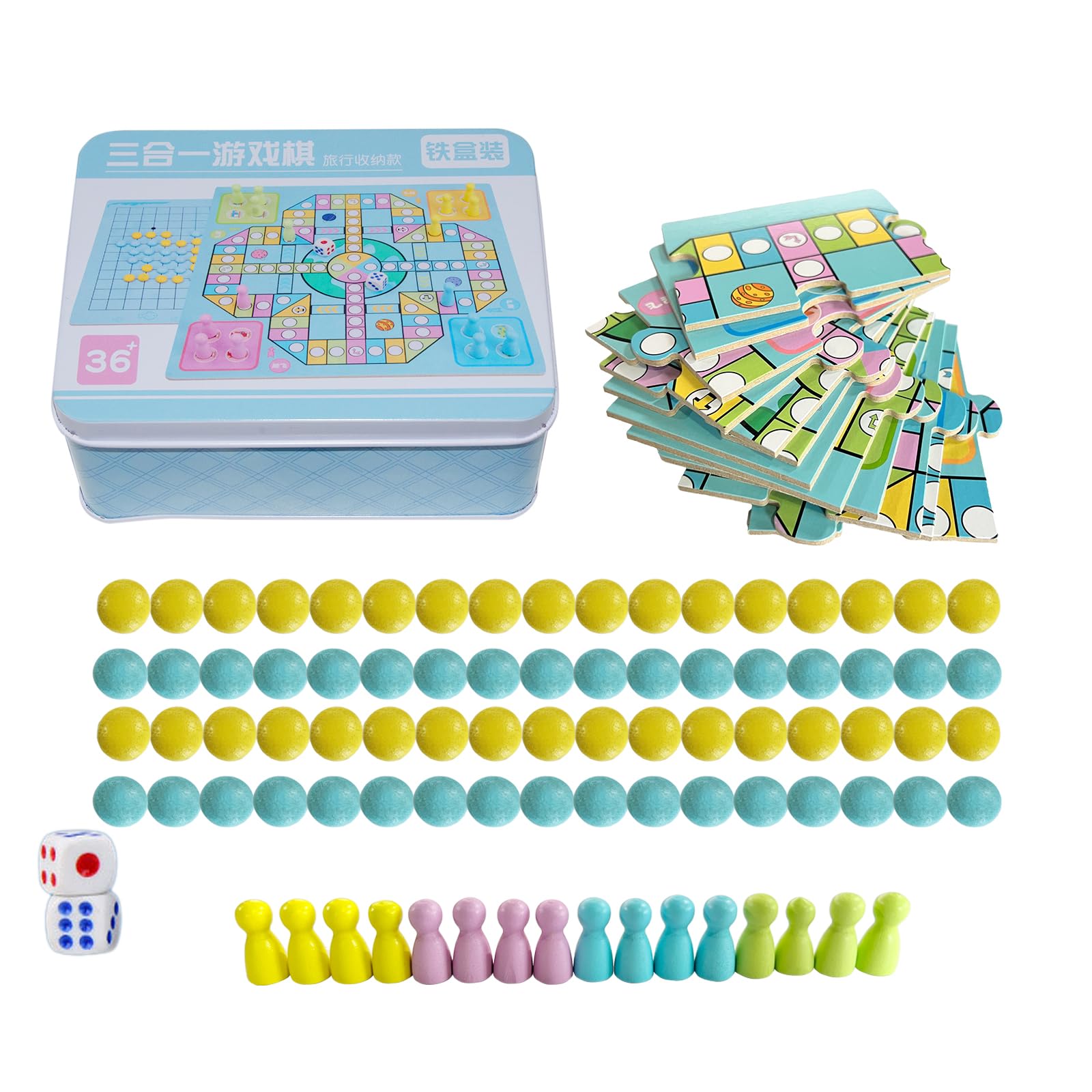 Andux 3-in-1 Flying Chess Game Set Jigsaw Chessboard Interactive Game in a Storage Tin THYX-01 (Flying Chess+Gobang+Jigsaw Chessboard)