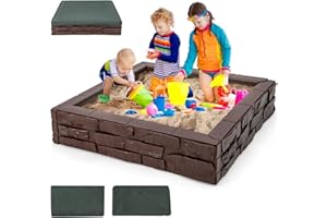 HONEY JOY Sandbox with Cover, 47x47 Inch Square Sand Pit for Backyard, Bottom Drainage Oxford Liner, HDPE Playful All Weather