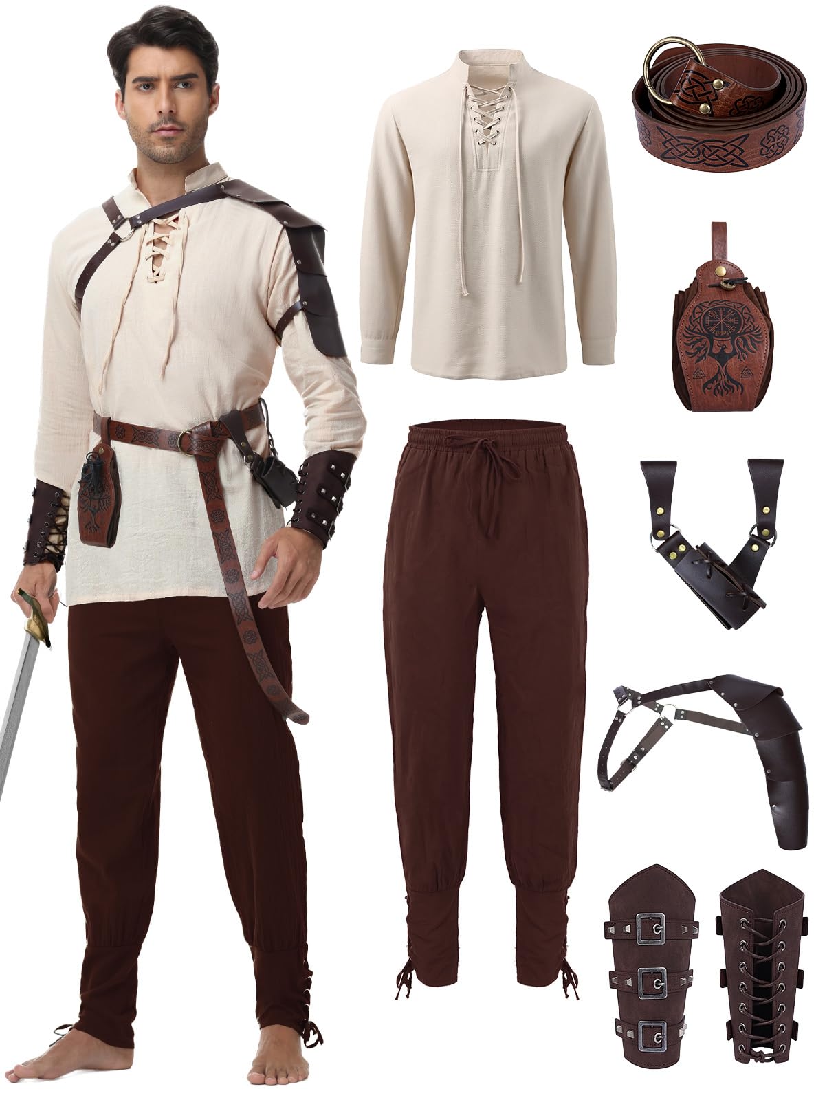 Photo 1 of (used) Dicxoser Renaissance Medieval Costume for Men - Pirate Costume 8 Pcs Set, Halloween Adult Cosplay Outfit
