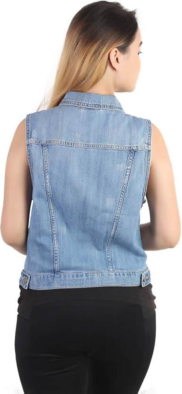 g.s.a enterprises denim solid light blue sleeveless regular collar women jacket