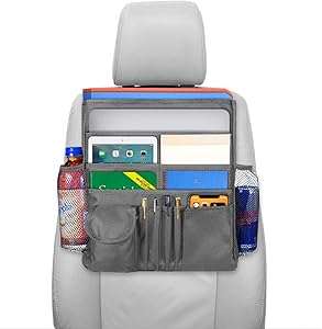 lebogner Front Seat Organizer, Headrest Storage Bag for Binders and Supplies, Travel Accessories Tote Bag with Multiple Large Pockets, A Closable Flap and A Shoulder Strap, Mobile Office Bag - Grey