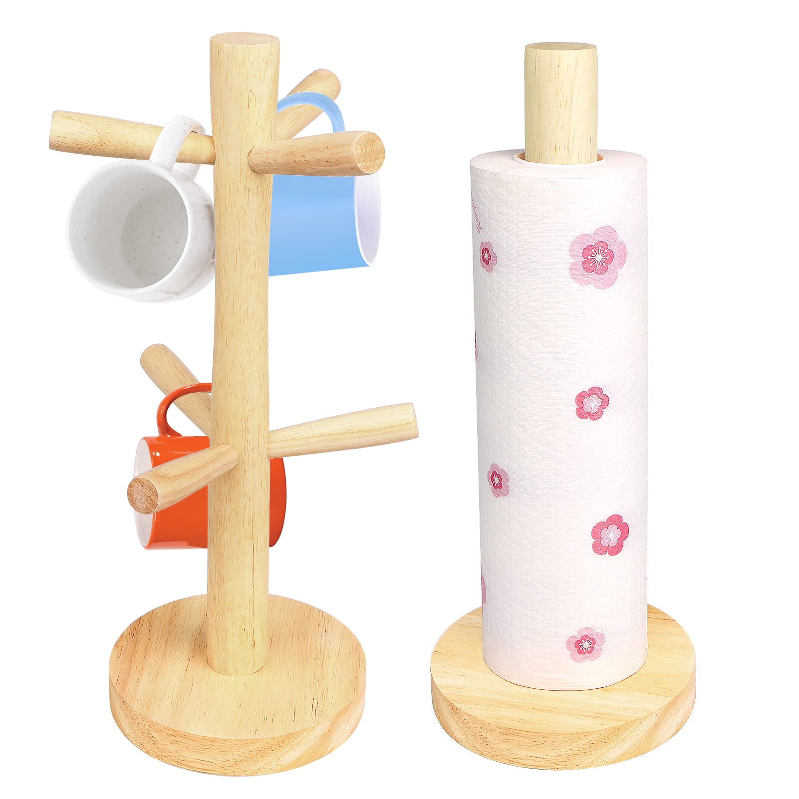 doesnotapply 2 Pack Wooden Mug Tree and Kitchen Roll Holder Set 6 Cups Mug Holder Tree Stand and Free Standing Paper Towel Holder with Weighted Base for Kitchen Counter Tabletop Brown
