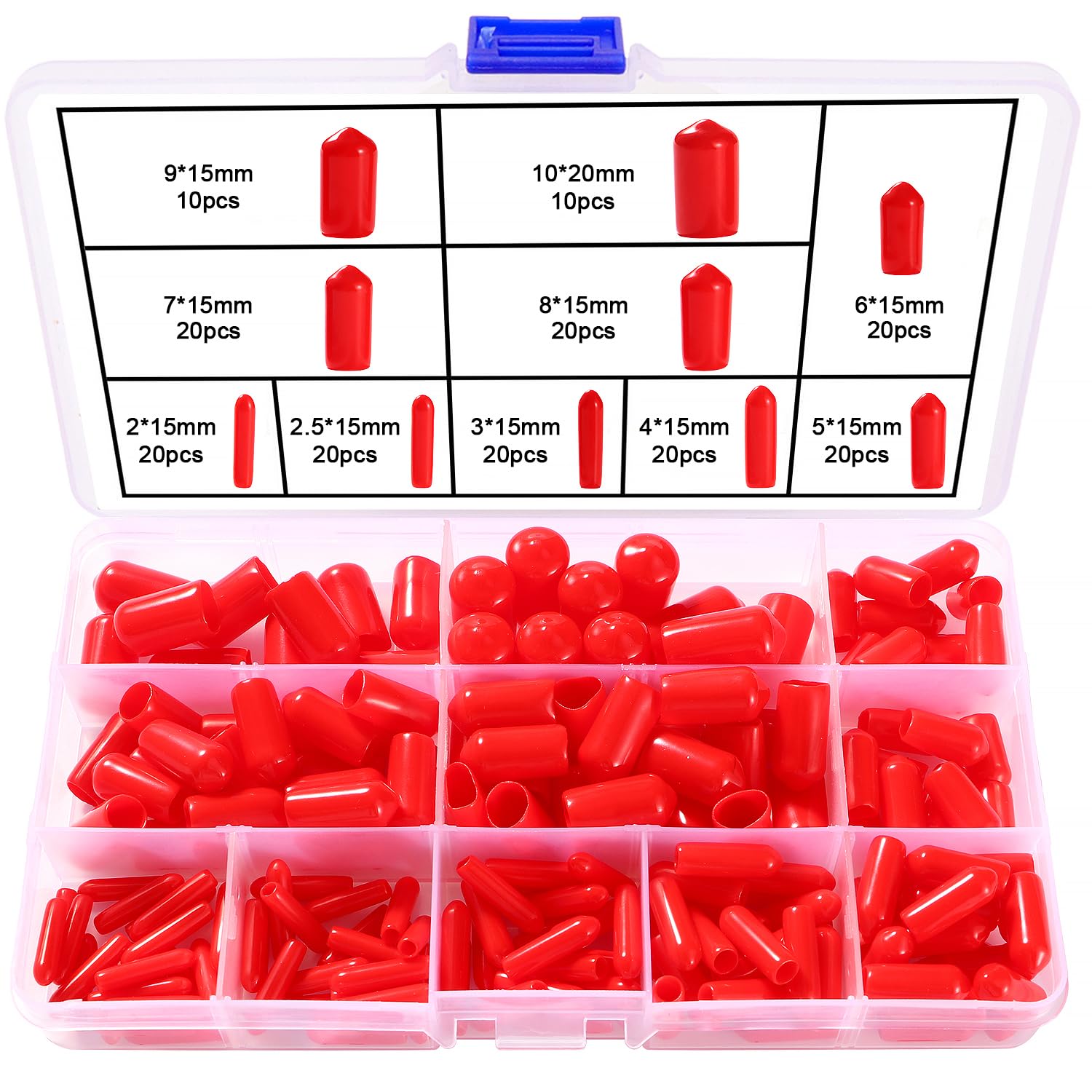YIXISI 180 PCS 10 Sizes 2-10 mm Rubber End Caps Assortment Kit, Round Flexible Screw End Caps Thread Protectors, Round Vinyl Flexible End Caps, for Protection of Screws, Tubes, Cables, Wires, Red