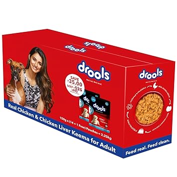 Drools Real Chicken and Chicken Liver Keema for Adult Dog, Pack of 14 with Free 1 Pouch, 150 g each