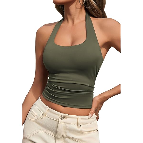 Ekouaer Women Halter Top Backless Scroop Neck Slim Stretchy Ribbed