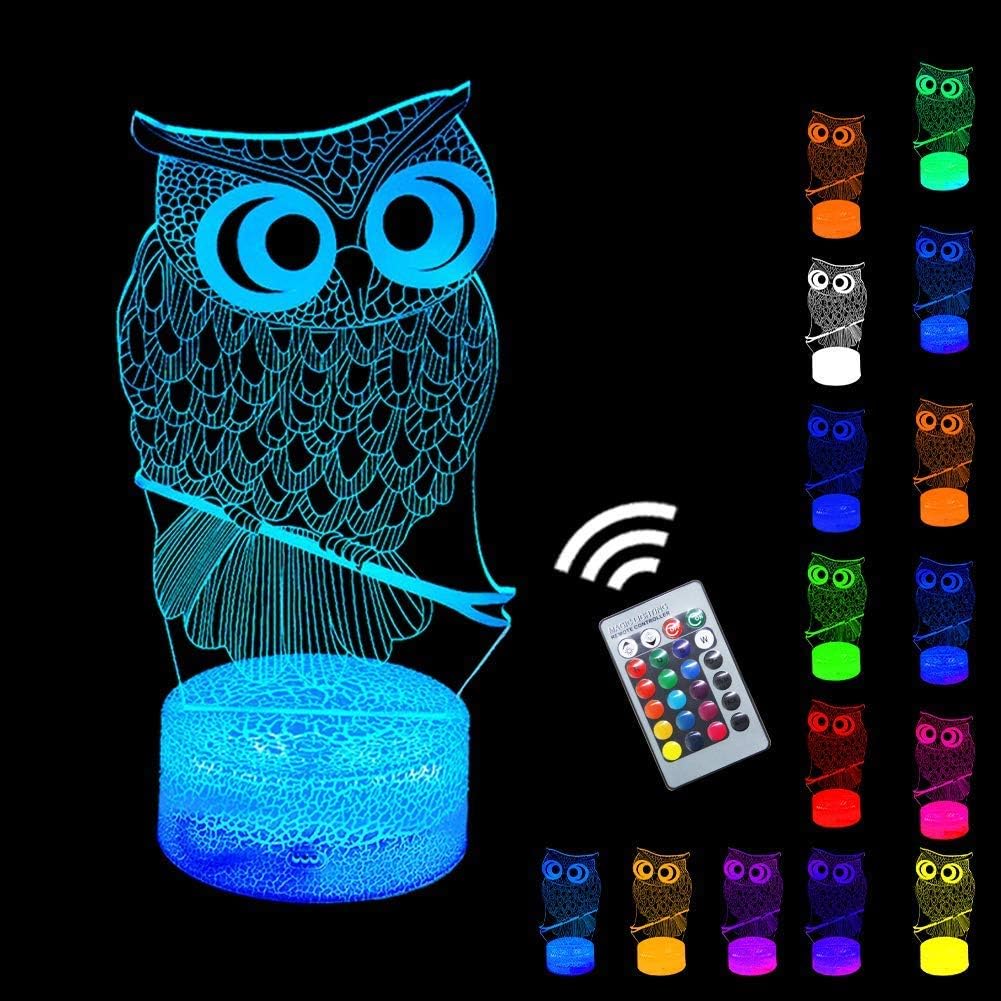 Lucky Owl Night Light 3D Optical Illusion Nursery LED Nightstand Lights Remote Control & 16