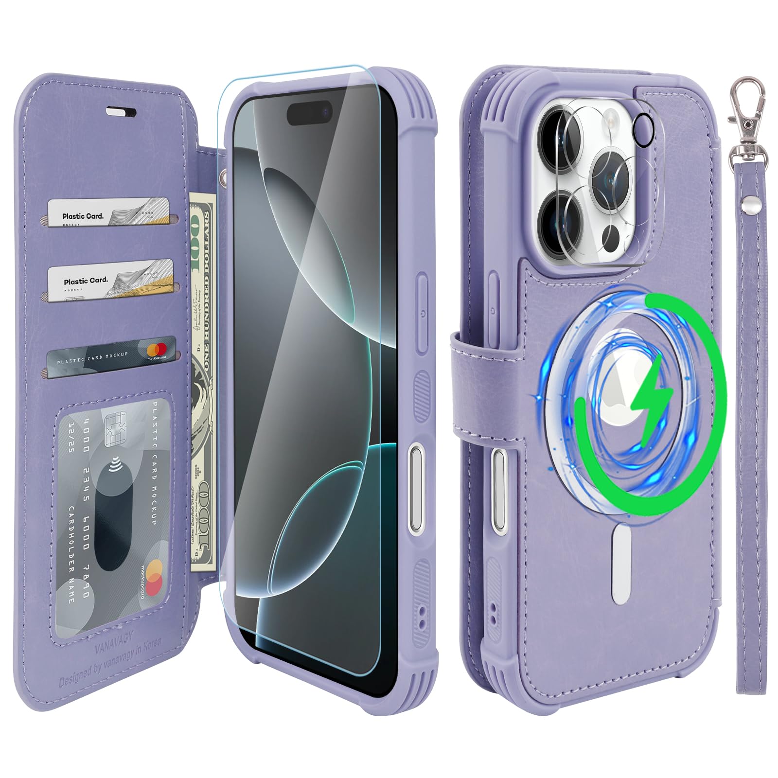 VANAVAGY Compatible for iPhone 16 Pro Wallet Case for Magsafe Wireless Charging,Leather Flip Folio Wrist [Glass Screen Protectors and Camera Lens Protectors]with RFID Block Card Holder,Clove Purple