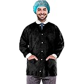 EZGOODZ Disposable Lab Jacket, 29 Inches Long. Pack of 10 Black Hip-Length Workwear Small. SMS 50 gsm Disposable Shirts with Snaps Front, Knit Cuffs & Collar, 3 Pockets. Unisex PPE Coat