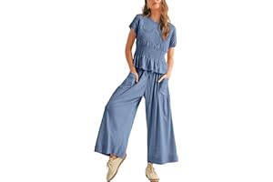 Antnation Womens 2 Piece Smocked Top Wide-Leg Pants Set High-Waisted Lounge Outfit with Pockets Casual Boho Matching Set