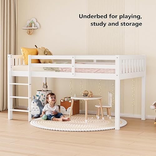 JOYMOR Twin Loft Bed Low Loft Bed Frame for Little Kids Small Room/Low  Ceiling Bedrrom with Guardrail and Ladd