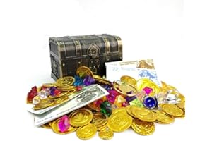 TAKEN ALL 200+ Pieces Pirate Toys Gold Coins and Pirate Gems Pirates Rings Earrings Pearls Jewelery Play set, Treasure for Pirate Party (115 Coins+100g Gems+20 banknotes)