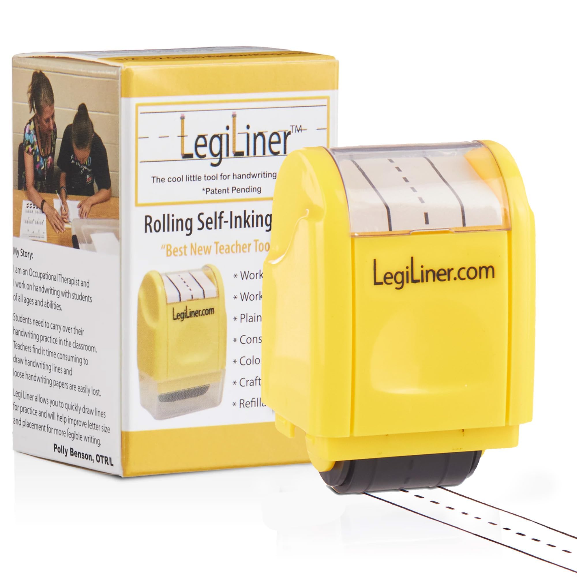 LEGILINER- 1/2" Dashed Handwriting line, Rolling, self-Inking Stamp. Handwriting Practice Tool for Teachers/OT’s/Homeschool/Special Ed, Kindergarten/1st/2nd Grade Size.