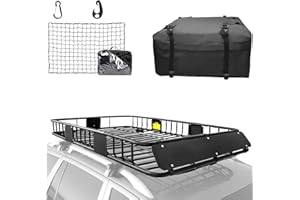 XCAR 64"x 39"x 4" Universal Roof Rack Basket Black with 3' x 4' Cargo Net and Rooftop Cargo Carrier Bag 15 Cubic ft - Car Top Luggage Storage Holder Baskets for SUV Truck Vehicle