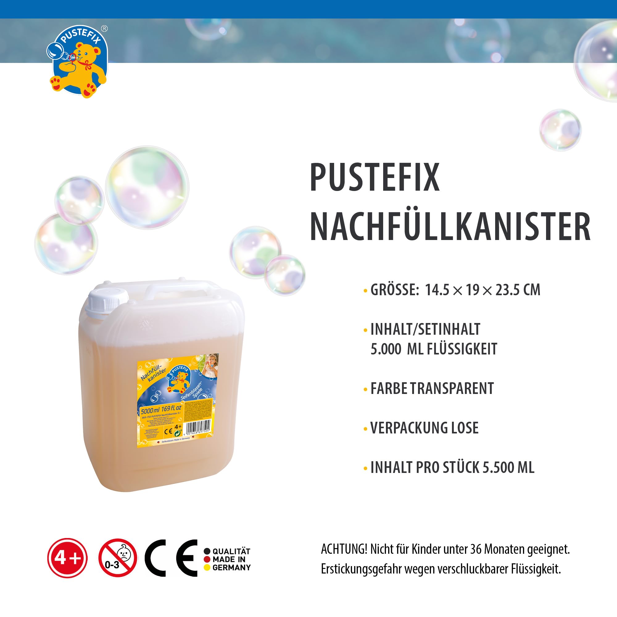 PUSTEFIX - 420869750 Nachfüllkanister I 5 l Seifenblasenflüssigkeit I Bunte Bubbles I Seifenblasen für Hochzeit, Kindergeburtstag, Sommerfest I Bunte Seifenblasen für Kinder & Erwachsene 4