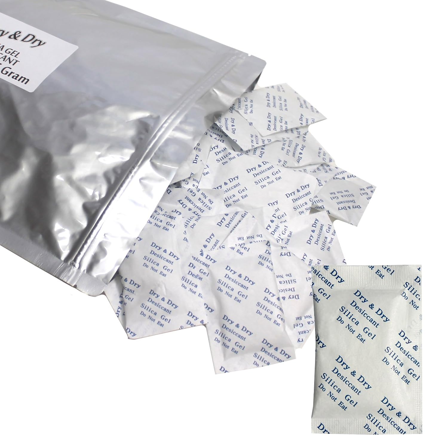 Dry & Dry 5 Gram (100 Packets) Premium Silica Gel Packets Desiccant Dehumidifier - Rechargeable FDA Compliant Silica Packets for Moisture Absorbers