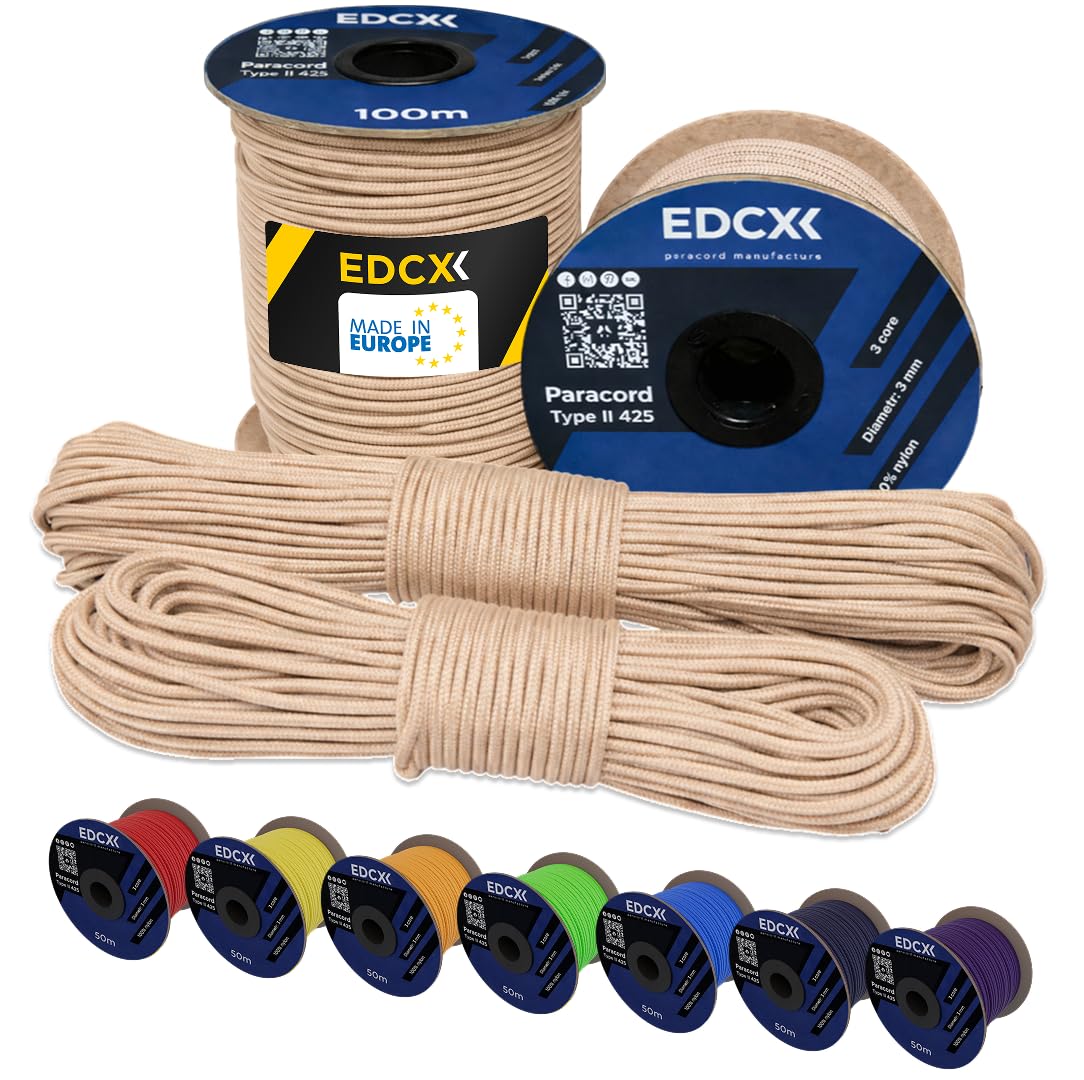 EdcX 3 mm Nylon Paracord 425 (15, 30, 50 and 100m) – 3 mm Type II, 100% Nylon Rope, 3 Strand Rope, 3 mm Nylon Rope in Many Colors (Tan, 30 m)