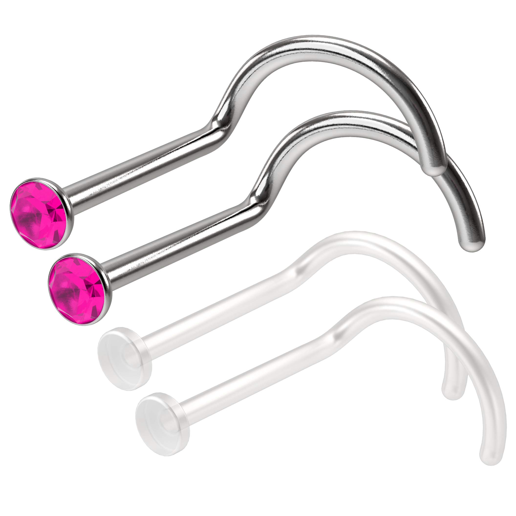 4pc 1mm 18g 1mm Small Nose Screw Bar Rings Surgical Steel Nostril Studs Piercing Jewellery 2.5mm Fuchsia Crystal 0.8mm 20g Clear Retainer Keeper