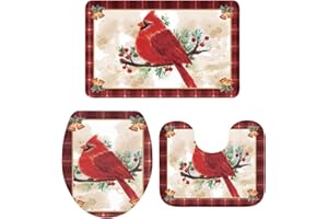 LBDECOR Christmas Watercolor Cardinals Buffalo Plaid 3 Piece Bathroom Mats Sets Bath Rug, Non-SlipBath Mat Set with Contour Mat and Toilet Cover, Xmas Absorbent Carpet Doormat Runner for Bathroom Tub Toilet
