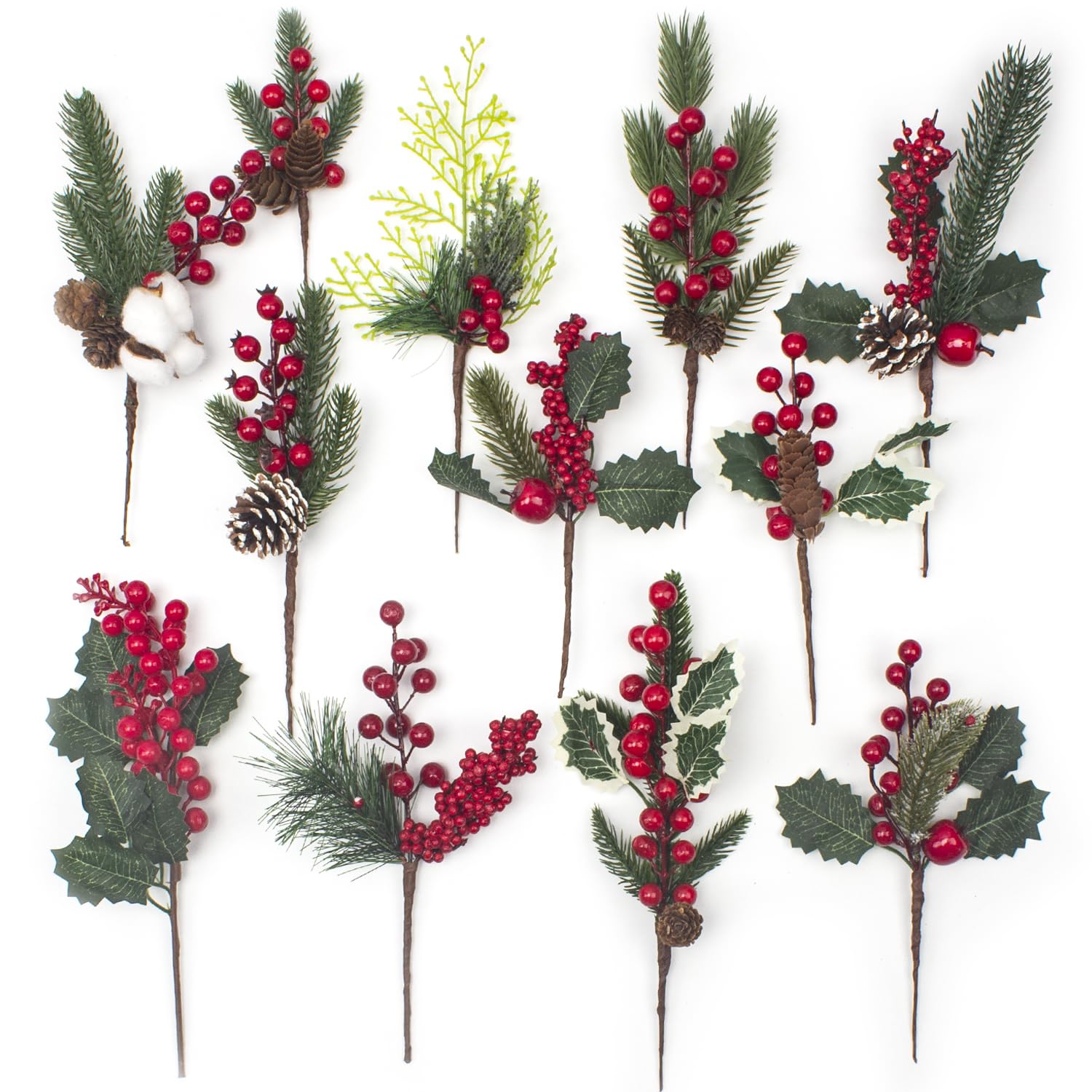 Photo 1 of 12 Kinds Artificial Christmas Picks - Assorted Red Berry Picks, Faux Pine Picks Spray with Pinecones & Holly Leaves for Stunning Floral Arrangement & Wreath Winter Holiday Season Decor