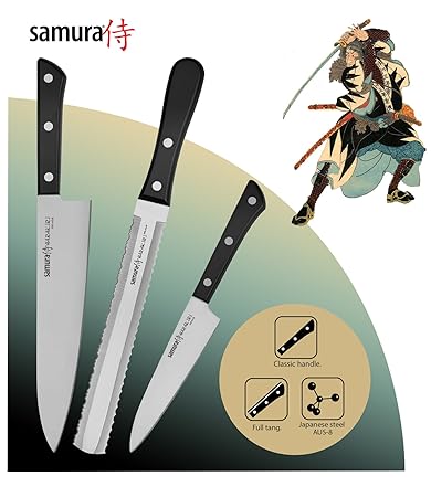 SAMURA Harakiri Profi Messer Geschenk Set Ultra-Scharf, aus Japanisch aus 8 Edelstahl, 3 Teile, Gemüsemesser, doppelschneidig