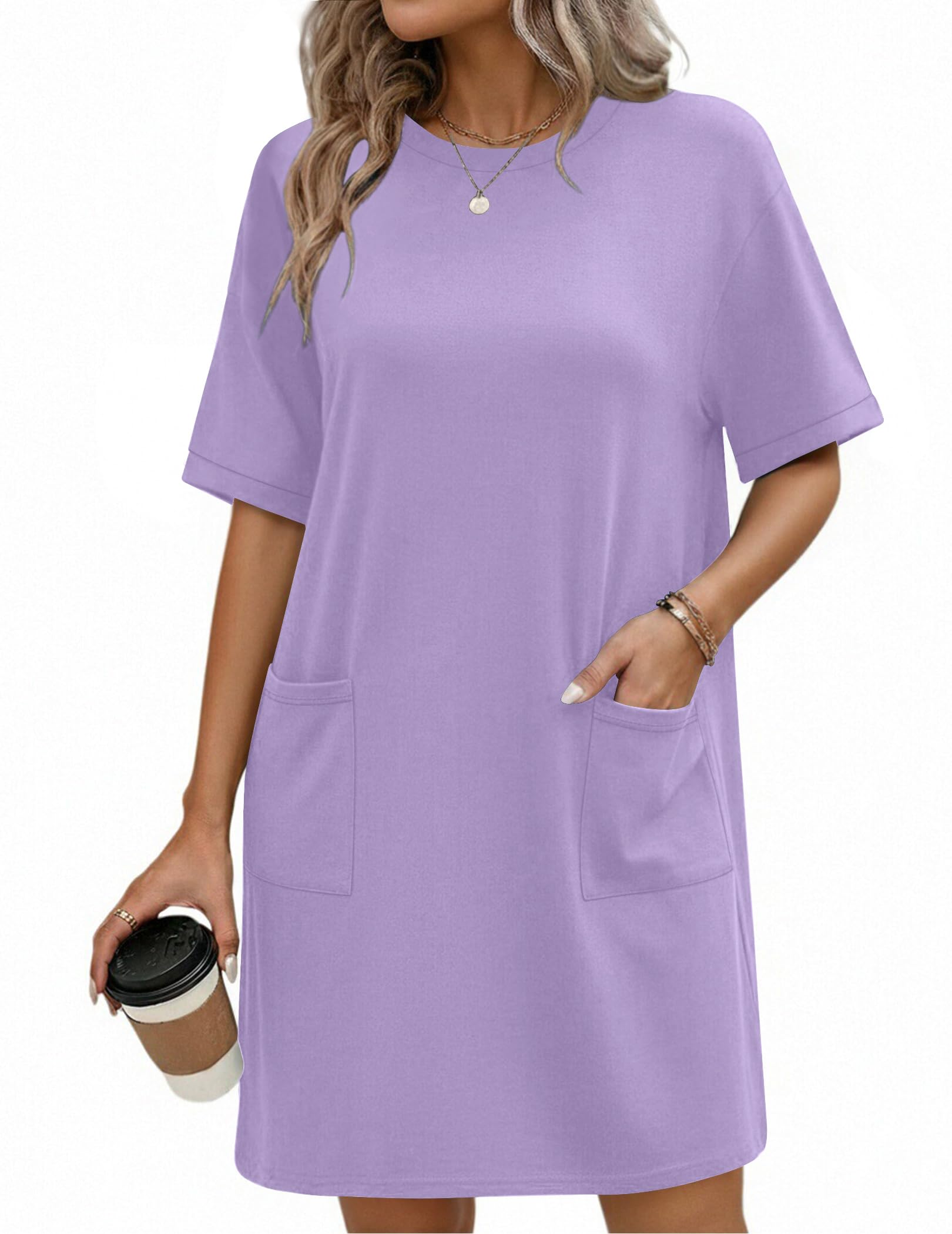 Ekouaer Cotton Nightgowns for Women Short Sleeve Sleep Shirts Crew Neck Night Dress Nightshirt with Pockets, Lilac, L