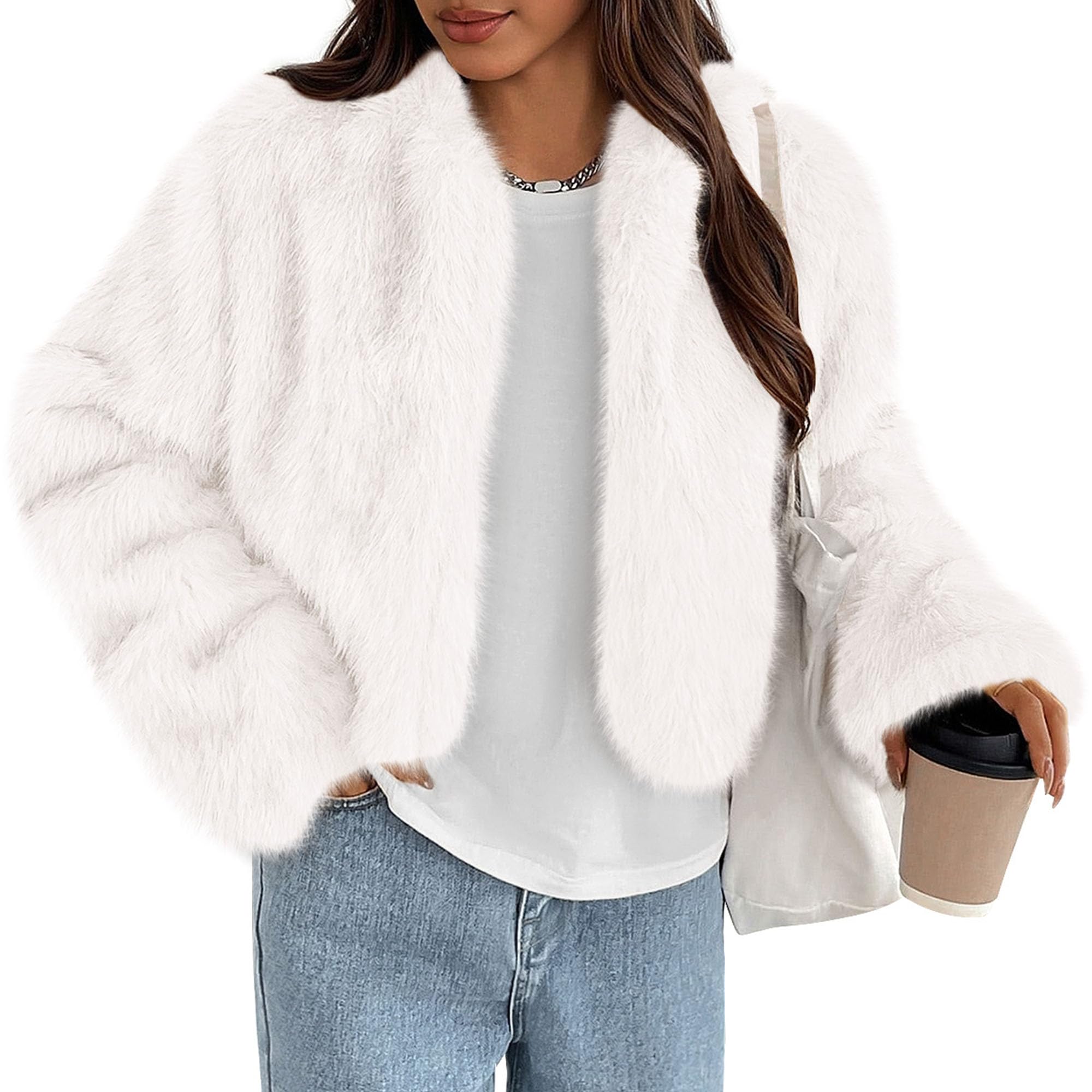 Photo 1 of PRETTYGARDEN Womens 2025 Winter Coats Fluffy Cropped Faux Fur Jacket Long Sleeve Open Front Shaggy Outerwear Trendy Clothes (White,Large)