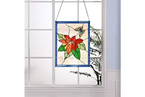HomeBeauty PA0020 Christmas Flower Stained Glass Hanging Panel-10 Wx13.25 H Window Suncatcher Tiffany Style Window Ornament, Handcrafted Poinsettia Flower Home Hanging Decorations