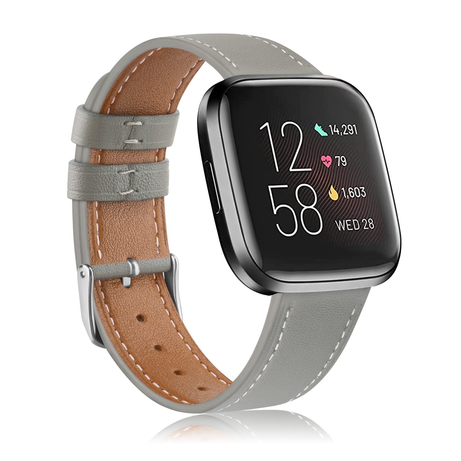 AMCC Leather Strap compatible with Fitbit Versa 2 Straps/Versa straps/Fitbit Versa SE/Versa Lite Wriststraps Fitness Smart Watch, Soft Replacement Leather Strap straps for Women Men (Grey)