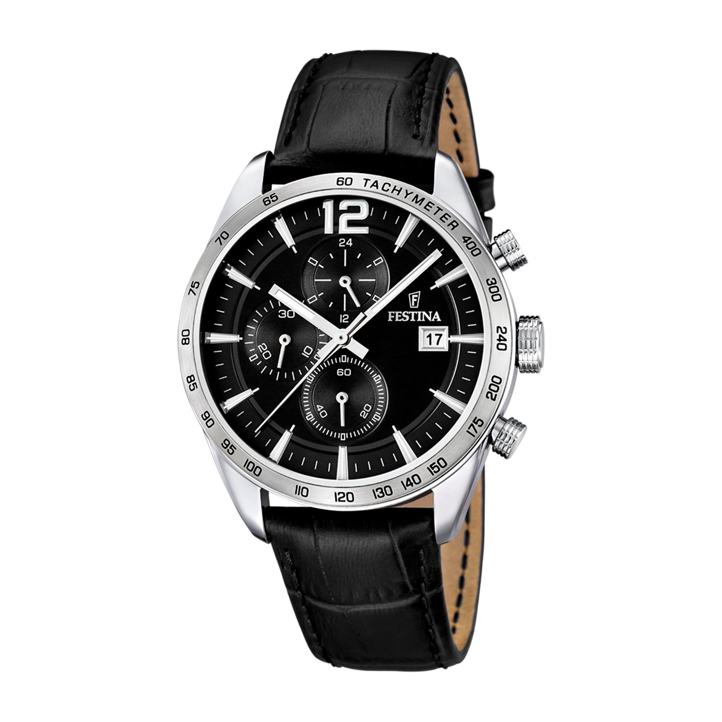 Festina Men's Quartz Watch with Black Dial Chronograph Display and Black Leather Strap F16760/4