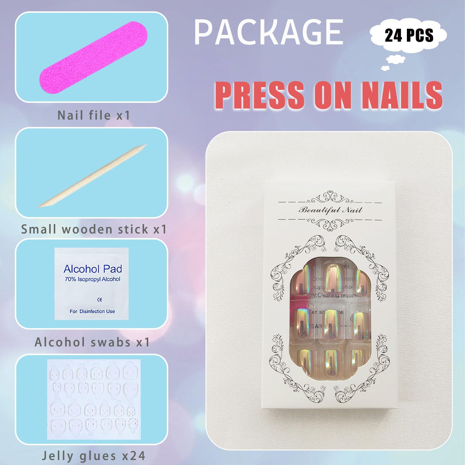 Chrome Press on Nails Short Square Fake Nails with Chrome Designs Glossy Glue on Nails Press ons Full Cover False Nails Acrylic Artificial Short Stick on Nails for Women 24 Pcs - Image 5