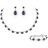 Crysdue Wedding Jewelry Set for Women Brides Oval Rhinestone Crystal Collar Necklace Link Bracelet Teardrop Pierced Dangle Earrings for Prom Party