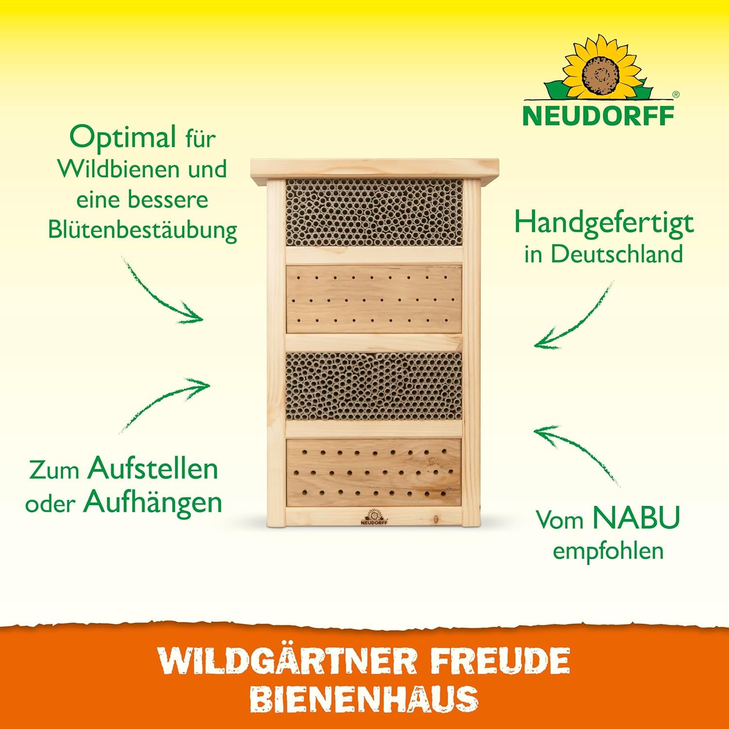 Neudorff Wildgärtner Freude Bienenhaus – Handgefertigtes Bienenhotel. Nisthilfe für Wildbienen zum Aufhängen und Aufstellen. Wetterfest und unbehandelt, 1 Stück 2