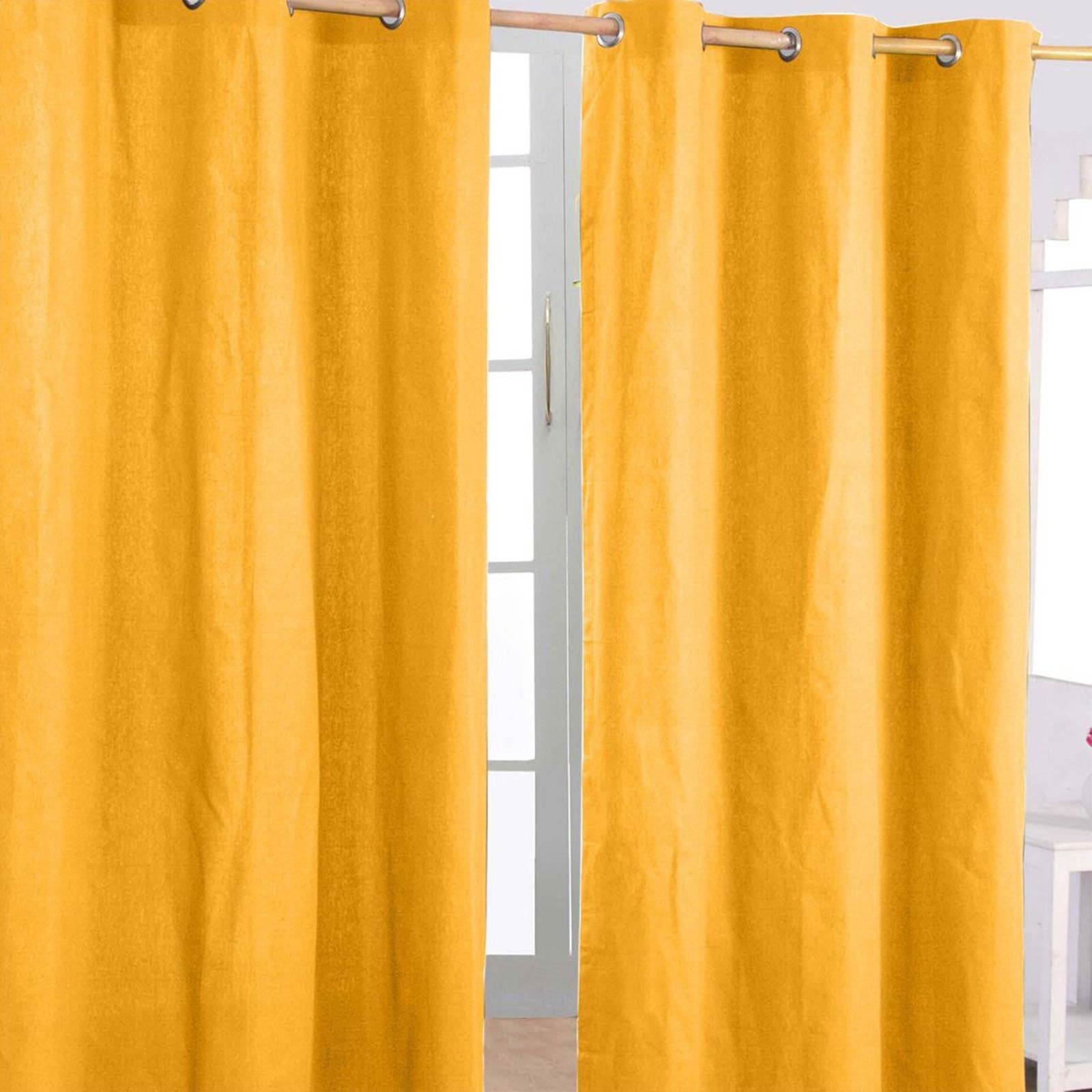 HOMESCAPES Mustard Yellow Eyelet Curtain Pair 137cm (54") Wide x 228cm (90") Drop Plain Heavy Unlined Curtains