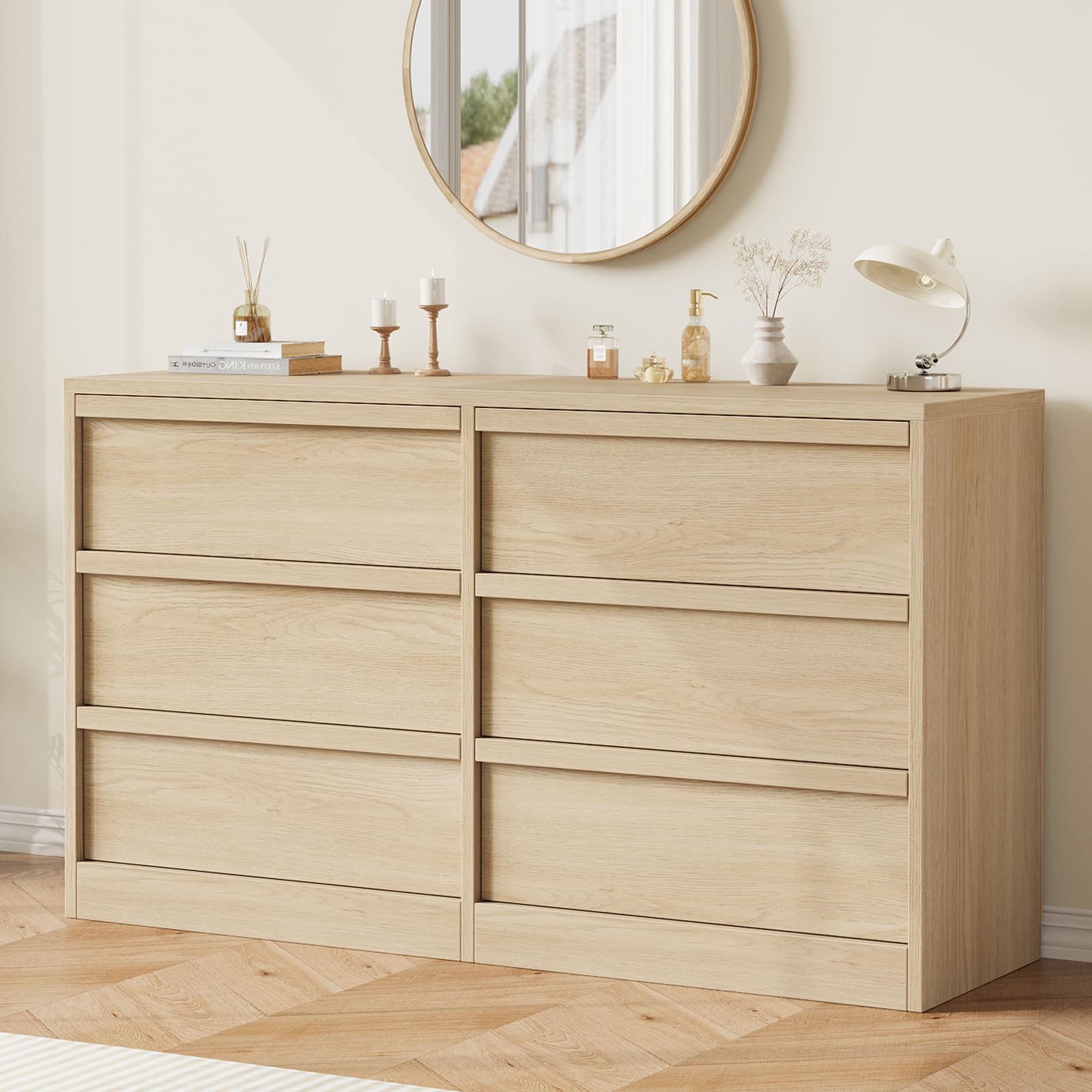 Photo 1 of **FOR PARTS** GarveeHome 6 Drawer Dresser for Bedroom, Modern Double Dresser Organizer with 6 Drawers Large Storage, Wooden Chest of Drawers for Living Room, Nursery, Hallway - Natural