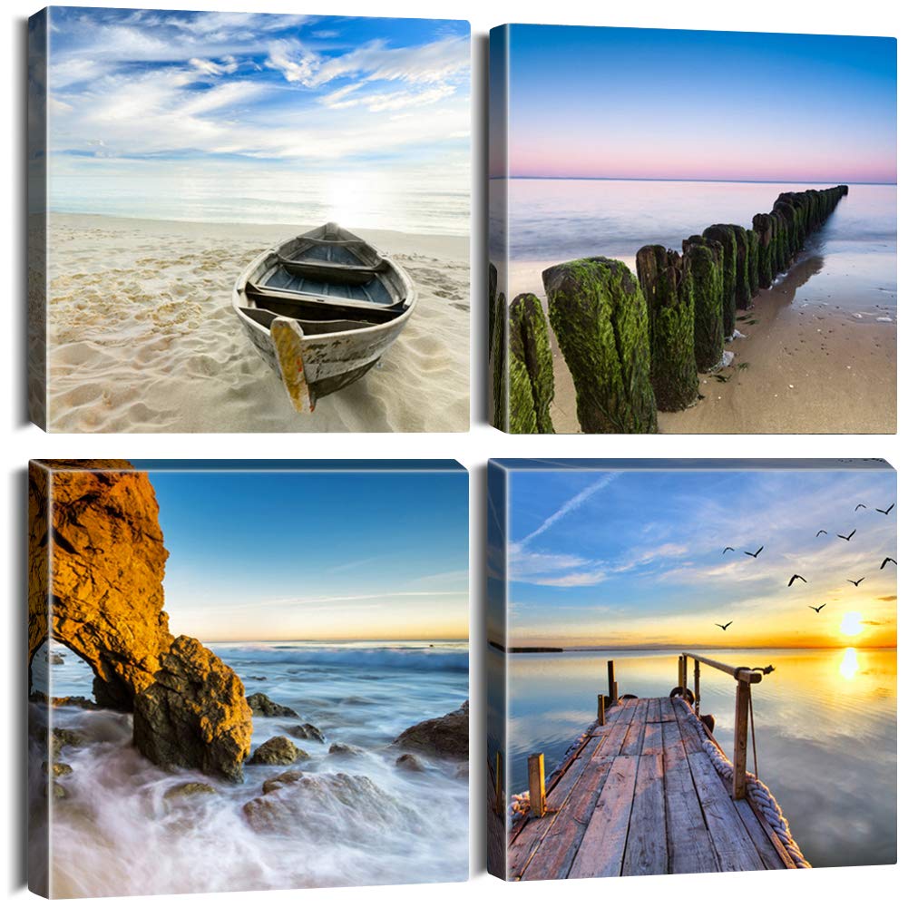 Artscope 4 Pieces Wall Art Canvas Prints - Wooden Boats, Stakes and Piers on The Beach Picture Painting- Modern Wall Artwork Framed for Bathroom Home Office Decor - 30 x 30 CM