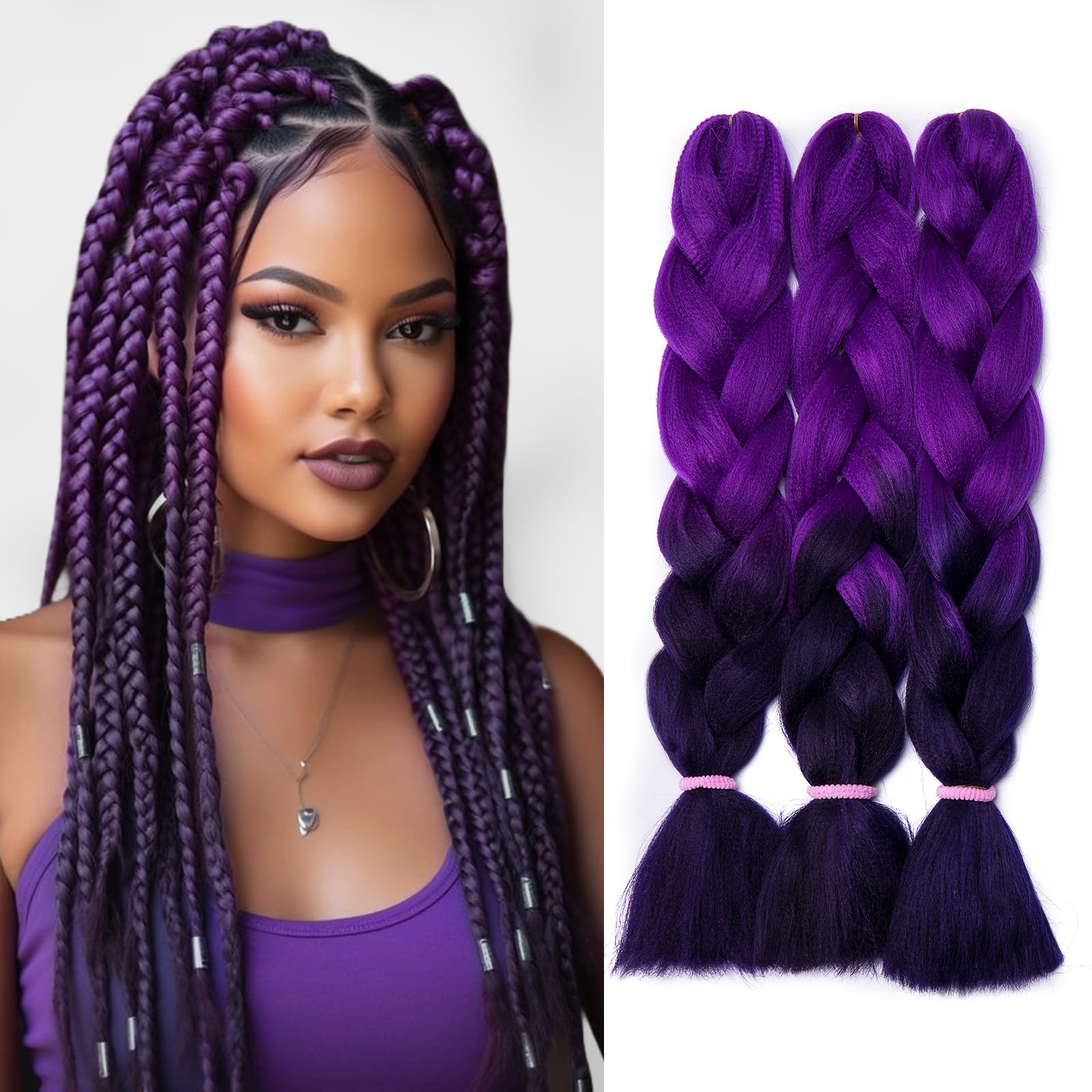 Silk-co 3 Pieces Braiding Hair Ombre Afro Twist Braid Hair Extensions Crochet Box Synthetic Jumbo Braids 24 inch [300g, Purple ombre] — image 1