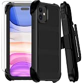 for iPhone 11 Case with Belt Clip Holster,Anti-Drop Shockproof (Black) | Anti-Slip Heavy Duty Military Grade Protective Defender Phone Cases, Rugged Bumper Cover w/2x Screen Protectors &amp; Kickstand