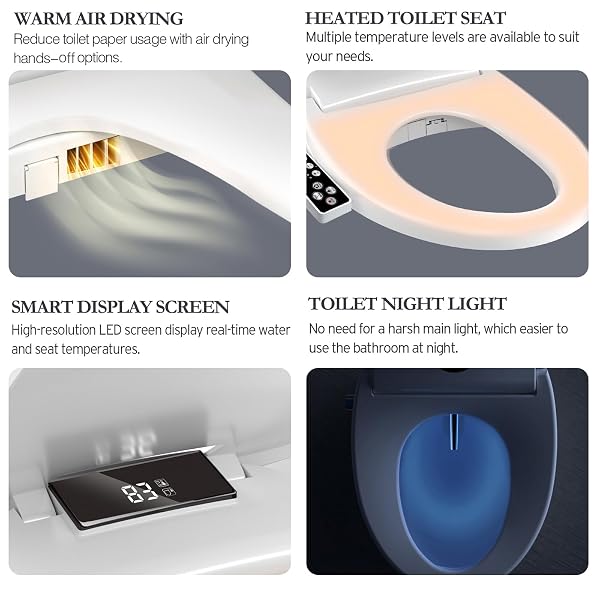 XCQQ ELECTRIC HEATED BIDET TOILET SEAT WITH WARM WATER WASH, WARM AIR DRYER, SOFT CLOSED LID, NIGHT LIGHT, LED DISPLAY, TOILET SEAT WITH BIDET REQUIRES OUTLET – ROUND