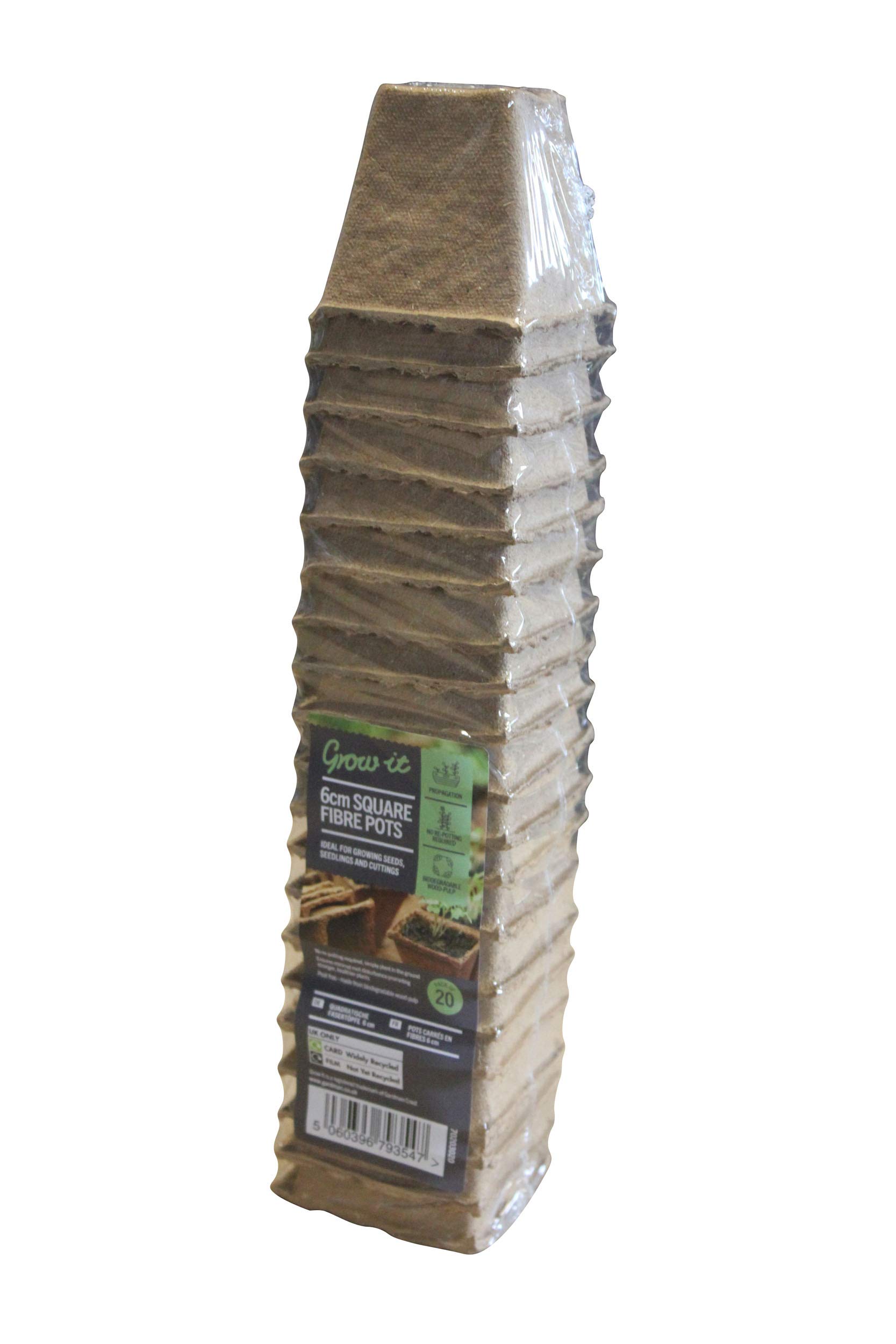 Grow-It 70203020 6cm Square Fibre Pots Biodegradable Wood Pulp, Brown, Pack of 20