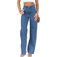 Lalasgal Women's Boyfriend Jeans - Mid Waist Straight Leg Lightweight Denim Pants, Stretchy Casual Ripped Jeans, Black