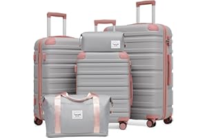TAKUMI Luggage Sets 5 Piece Lightweight Carry On luggage with Duffel Bag ABS+PC Hardshell Suitcases with YKK zippers Double Spinner Wheels Travel Luggage with TSA Lock(GREY PINK, 5 PIECE SET)